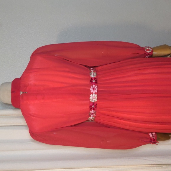 Vintage 60s Pink Embroidered Daisy Maxi Dress Bishop Sleeves XS/Small - Picture 8 of 13